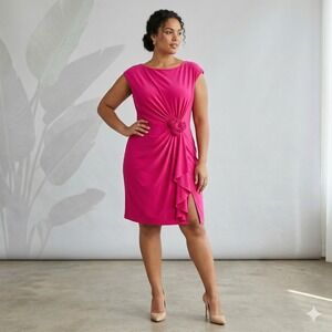 Evan Picone Womens Dress Sz 14 Ruched Fuschia Pink Wedding Rosette Stretch Artsy